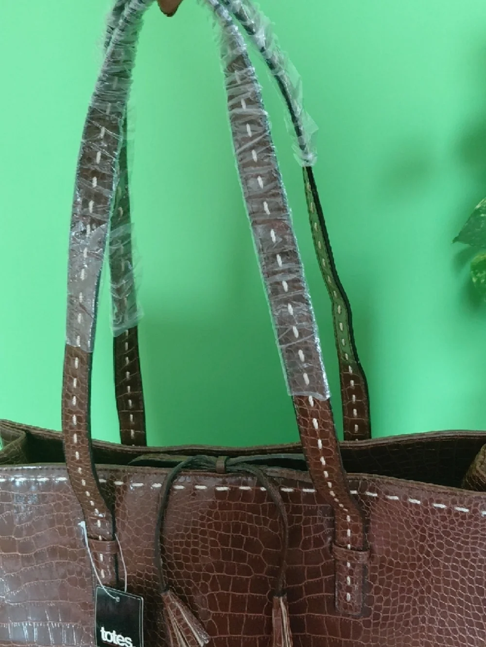 Totes Brown Faux Crocodile Leather -Embossed Glossy Tote with Tassel, NWT